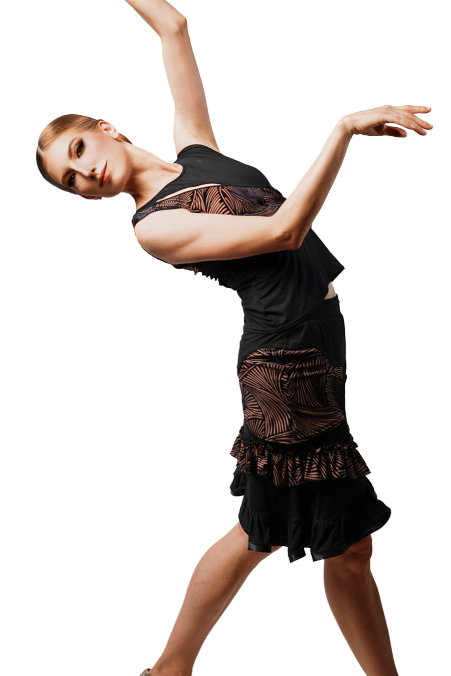 Short Skirt with waved ruffles features our signature black and tan fabric with an uneven hemline and satin banding