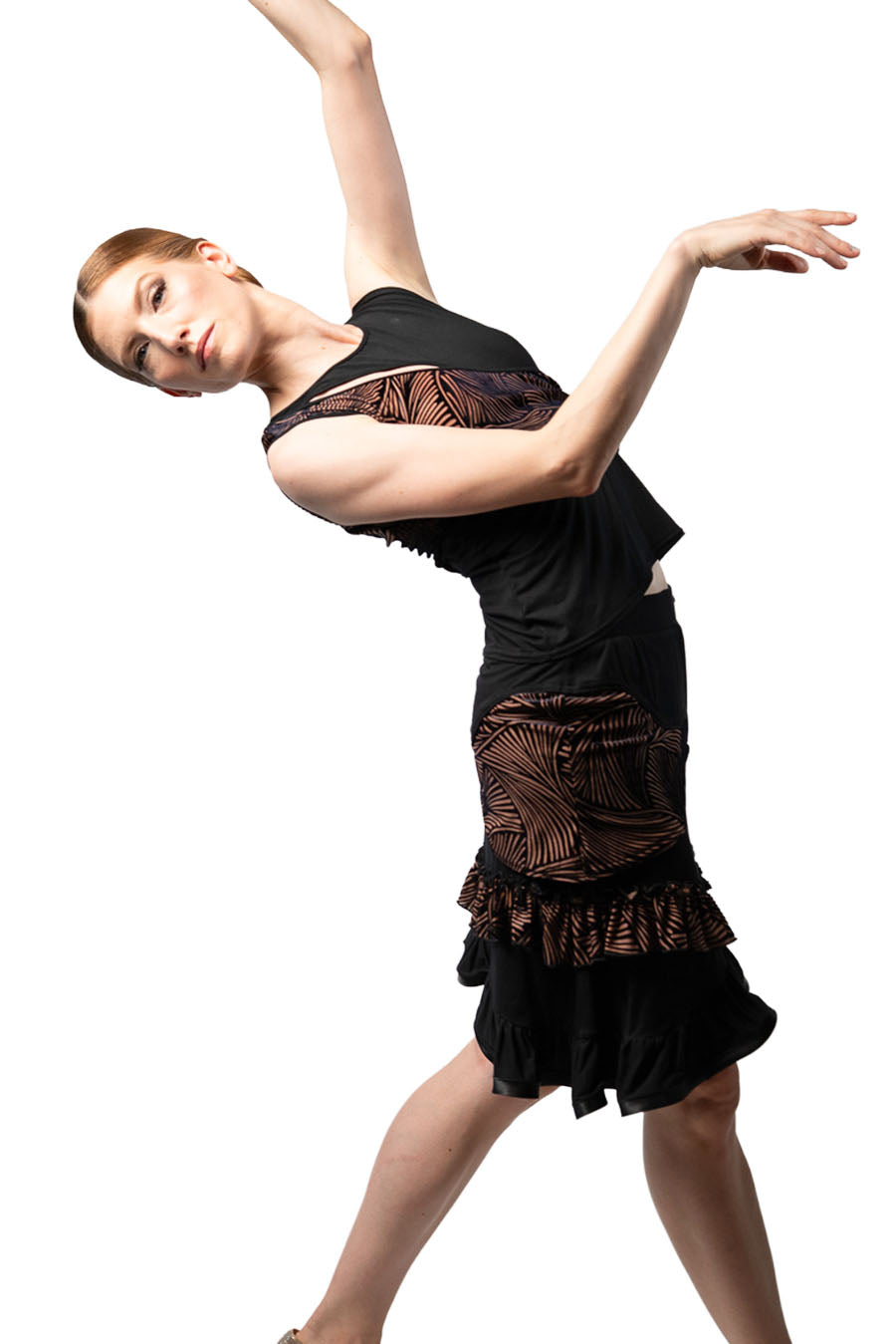 Peek a boo top with diagonal draped signature fabric pos 2