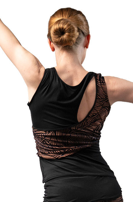 Peek a boo top with diagonal draped signature fabric from back