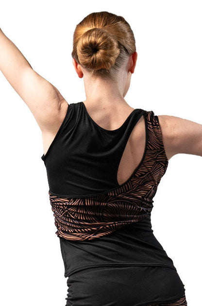 Peek a boo top with diagonal draped signature fabric from back