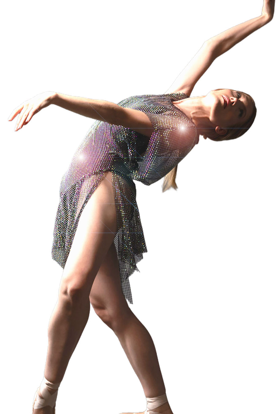 Dancer in a sparkly costume on a white background