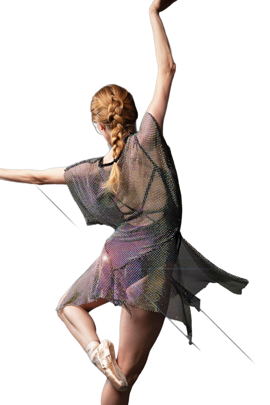 Dancer in a sheer, rhinestoned dress on a white background