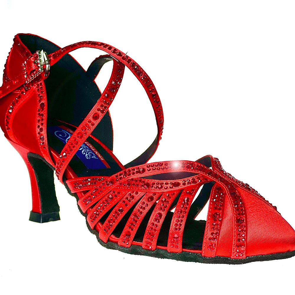 The Hollywood Red Satin with Red Rhinestones is the ultimate combination of comfort and luxury. With a slightly rounder front and flexible straps, you'll experience maximum comfort. The 2.25" flare heel adds elegance to any occasion, allowing you to walk with confidence and grace.