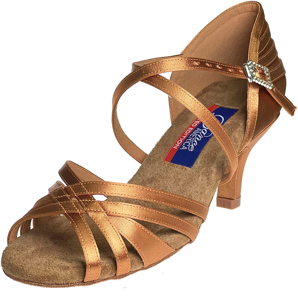 Limited Edition Vegas from Dance America  Indulge in luxury with the Vegas Tan Satin. Handcrafted for comfort, featuring 6mm memory foam and a slightly wider strap for your little toe's pleasure. The high quality satin molds to your foot and the shoe provides great flexibility without sacrificing support. Elevate your dance game in style and comfort. 2.25 inch heel