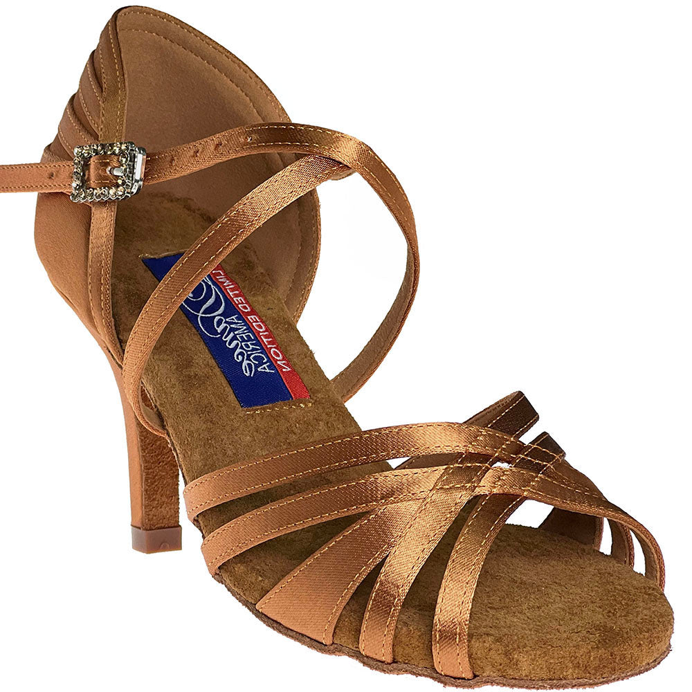 Step into luxury with Vegas Tan Satin. Designed with 6mm memory foam for ultimate comfort and unbeatable flexibility, these shoes keep your small toe in place with a wider strap. Experience the perfect fit and a 2.25"&amp; 2.75 " slim heel that elongates your legs. Elevate your dance game with Vegas.