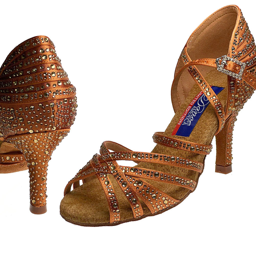 Experience ultimate luxury with Vegas Tan Satin, featuring rhinestones that perfectly match the color of the shoe. The wider strap and 6mm memory foam ensure unbeatable comfort and flexibility, while the 2.25" &amp; 2.75" slim heel elongates your legs for a perfect fit. Elevate your dancing with Vegas. 2.75 " heel