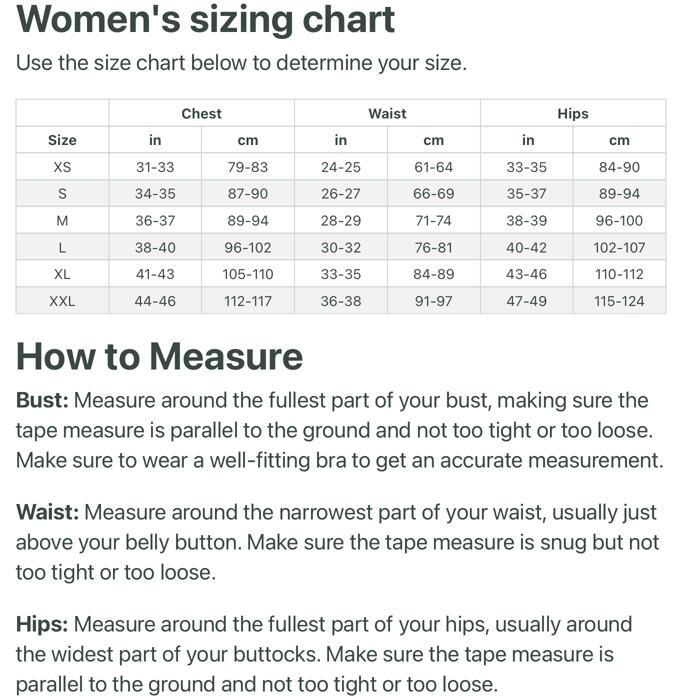 women's sizing chart